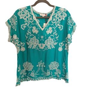 Solitaire Teal Green Embroidered V-Neck Blouse Boho Floral Rayon Top Small NEW